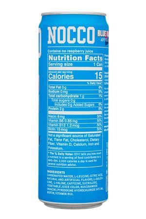 Nocco - No Carbs Company: Nocco-12oz-2025-Caffeine-BlueRasp-Facts