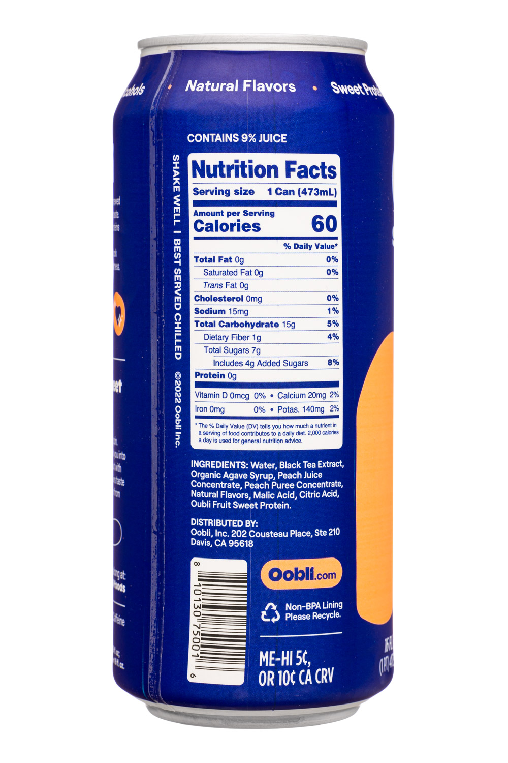 Oobli Sweet Iced Tea: Oobli-16oz-2023-Tea-Sweet-Peach-Facts