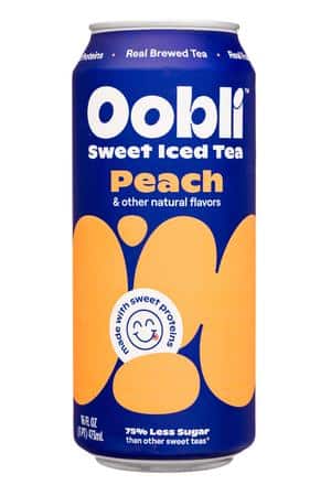 Oobli Sweet Iced Tea: Oobli-16oz-2023-Tea-Sweet-Peach-Front