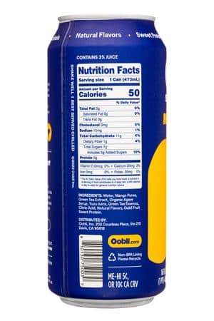 Oobli Sweet Iced Tea: Oobli-16oz-2023-Tea-Green-MangoYuzu-Facts