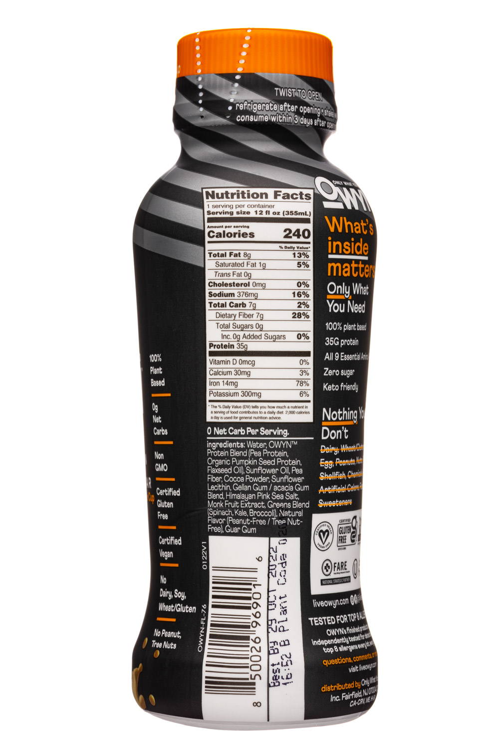 OWYN: Only What You Need: OWYN-12oz-2021-Protein-NoNutButterCup-Facts