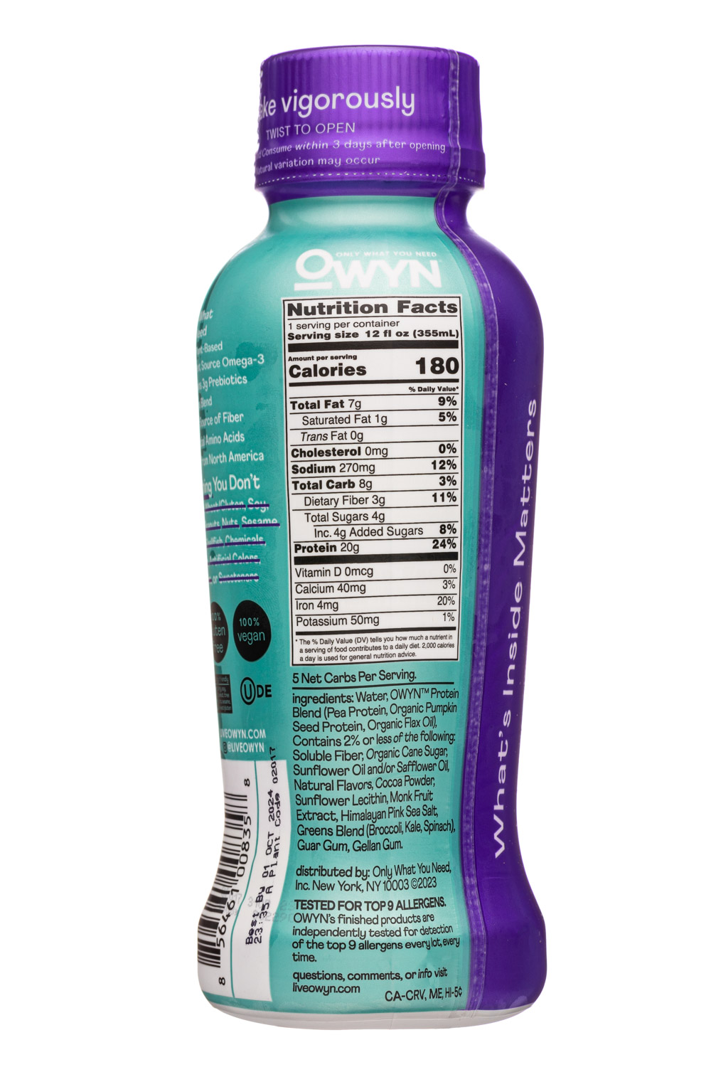 OWYN: Only What You Need: OWYN-12oz-2023-20gProtein-CookiesCreamless-Facts