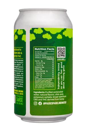 Pause Sparkling Water: PausePlus-12oz-2024-SparkTHC-LemonLimeLift-Facts