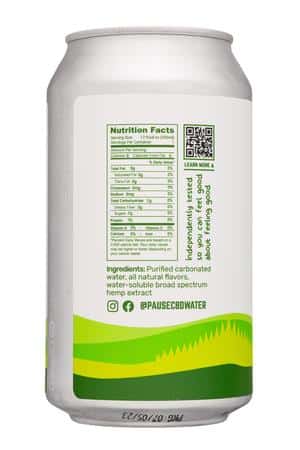 Pause Sparkling Water: Pause-12oz-2023-SparklingCBD-LemonLime-Facts