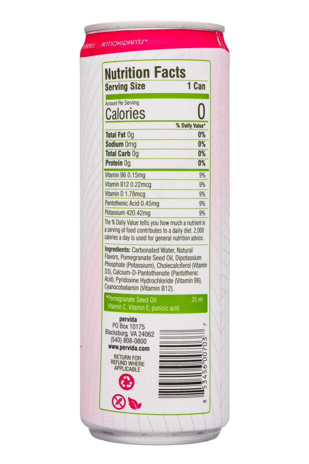 Pervida: Pervida-12oz-HealthWater-BerryAcai-Facts