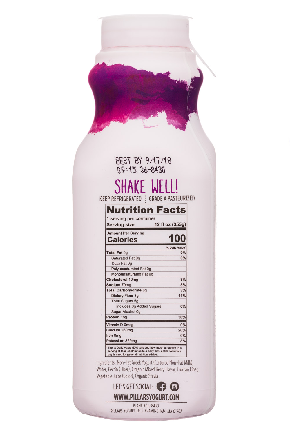Pillars Drinkable Greek Yogurt: Pillars-12oz-RTDGreekYogurt-MixedBerry-Facts