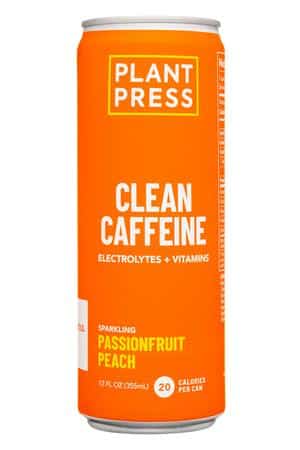 Plant Press: PlantPress-12oz-2023-CleanCaffeine-PassionfruitPeach-Front
