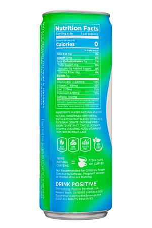 Positive Beverage: PositiveBeverage-12oz-2022-ZeroSugar-TropicalBliss-Facts