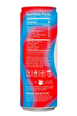 Positive Beverage: PositiveBeverage-12oz-2022-ZeroSugar-WatermelonMania-Facts