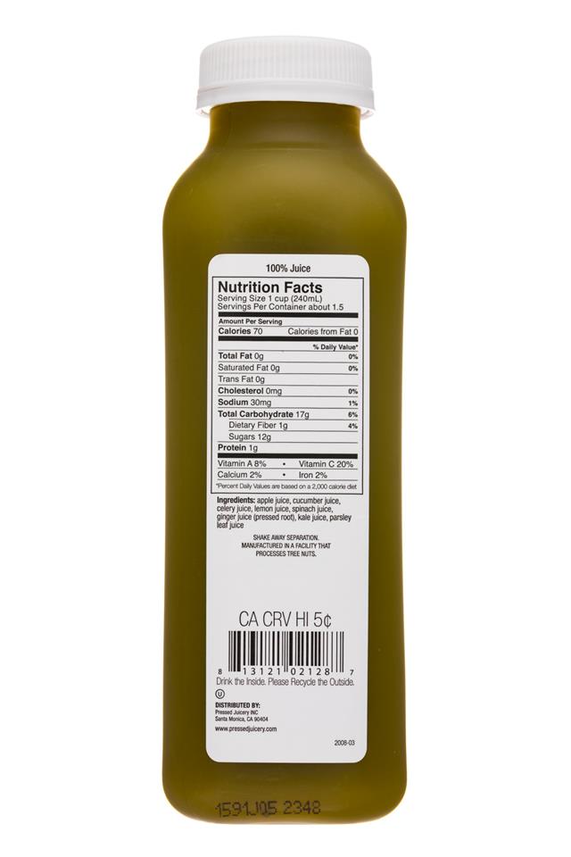 Pressed Juicery: PressedJuicery-12oz-ColdPressed-GreensWGinger-Facts