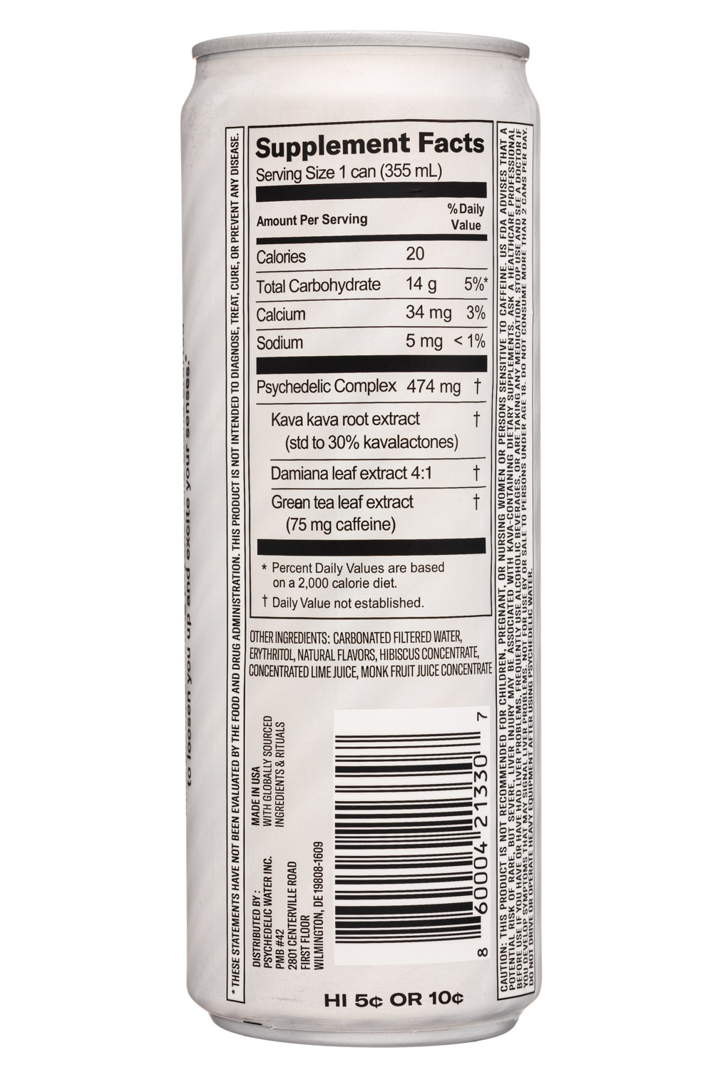 Psychedelic Water: PsychadelicWater-12oz-2021-HerbalSupp-HibiscusLime-Facts
