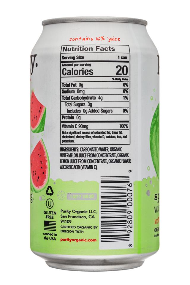 Purity Organic Sparkling: Purity-12ozCan-Sparkling-Watermelon-Facts