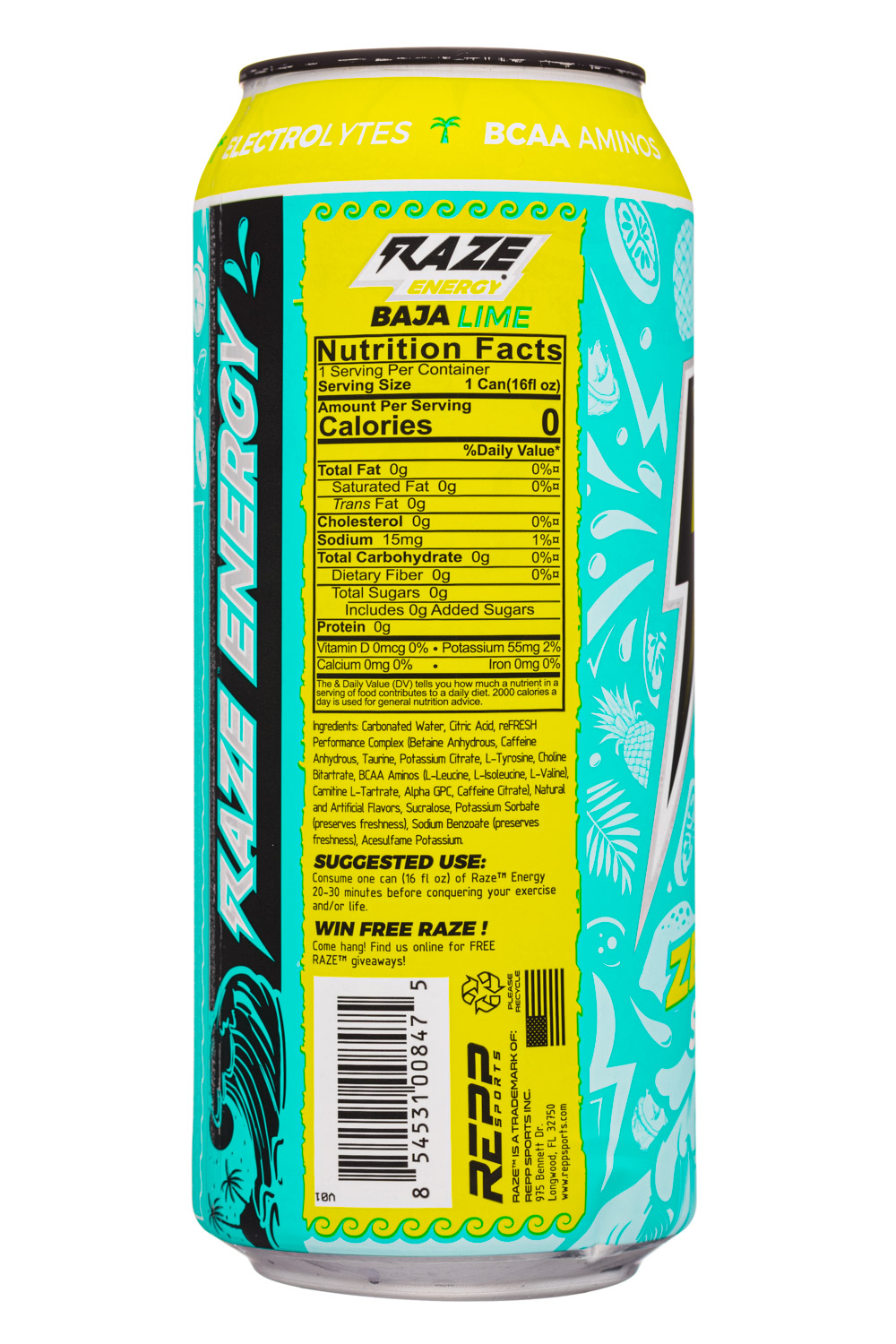 Raze Energy: RazeEnergy-16oz-2020-ZeroSugar-BajaLime-Facts