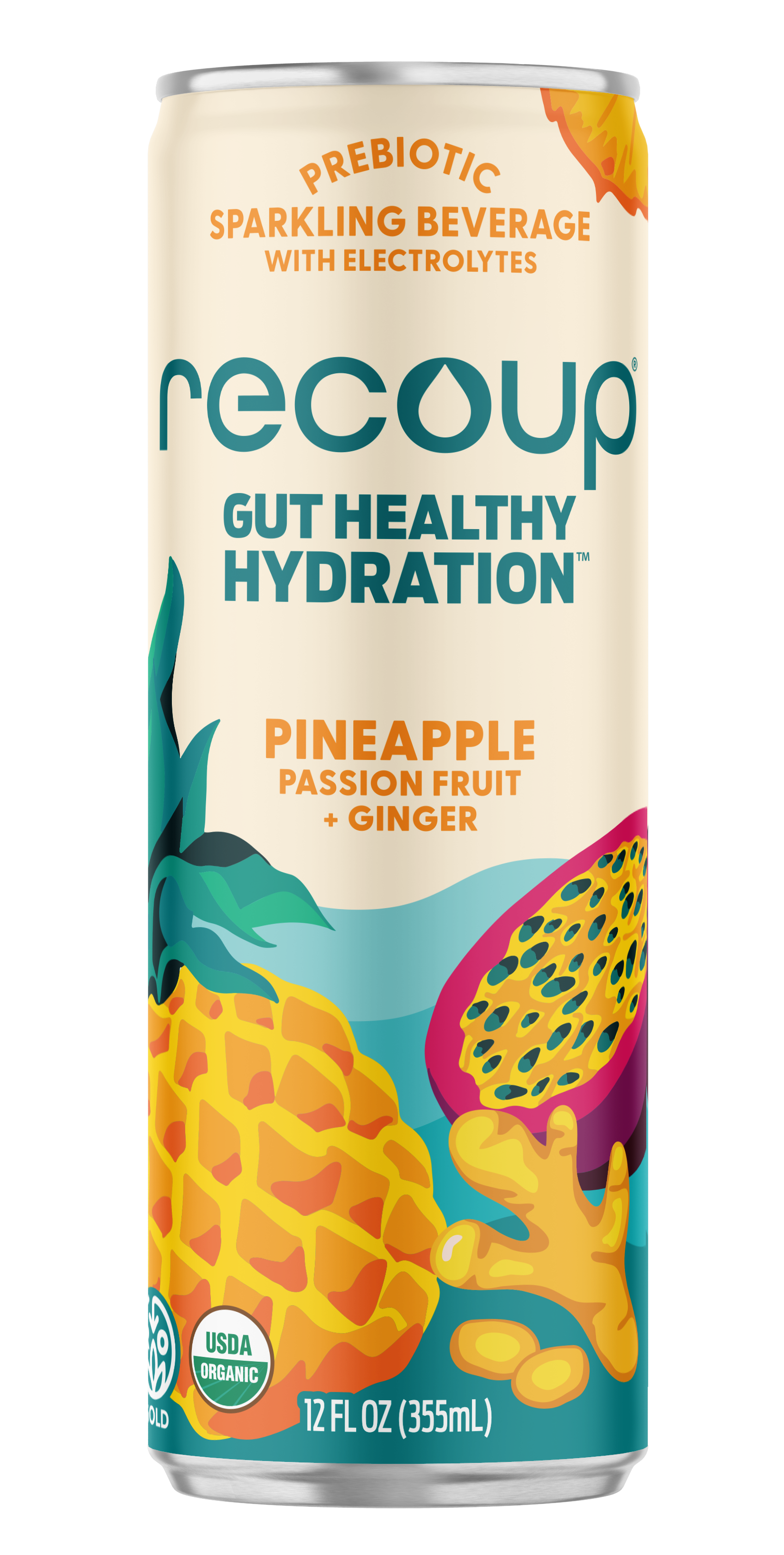 Recoup Prebiotic Sparkling Beverage with Electrolytes: Pineapple Passionfruit + Ginger