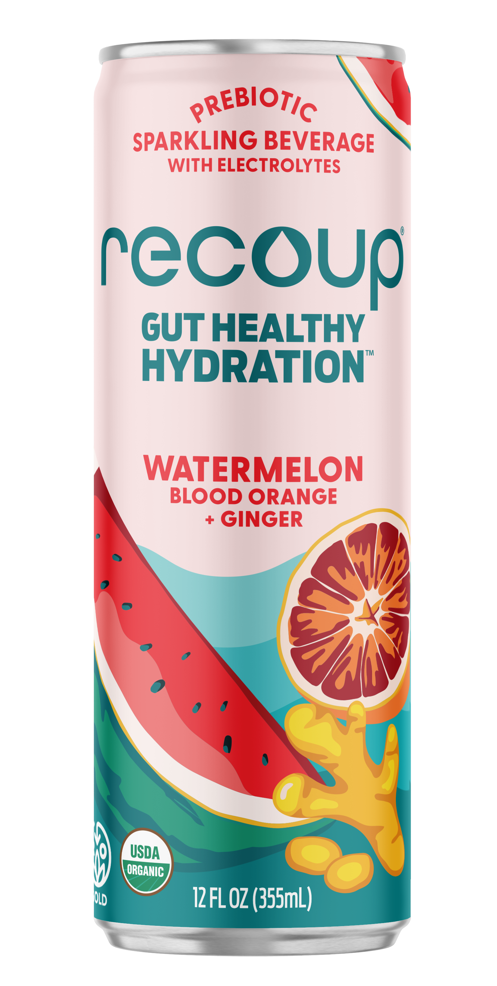 Recoup Prebiotic Sparkling Beverage with Electrolytes: Watermelon Blood Orange + Ginger