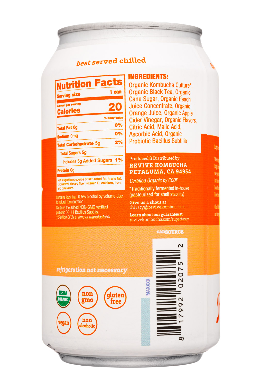 Revive Kombucha: Revive-12oz-2021-SparkProbiotic-TangerinePeach-Facts