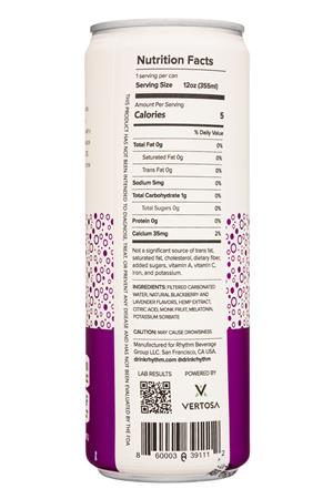 Rhythm CBD Infused Seltzer: Rhythm-12oz-2021-CBDSeltz-BlackberryLavender-Facts