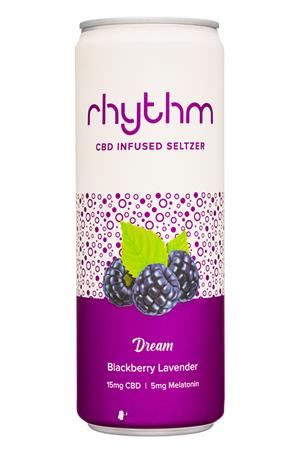 Rhythm CBD Infused Seltzer: Rhythm-12oz-2021-CBDSeltz-BlackberryLavender-Front