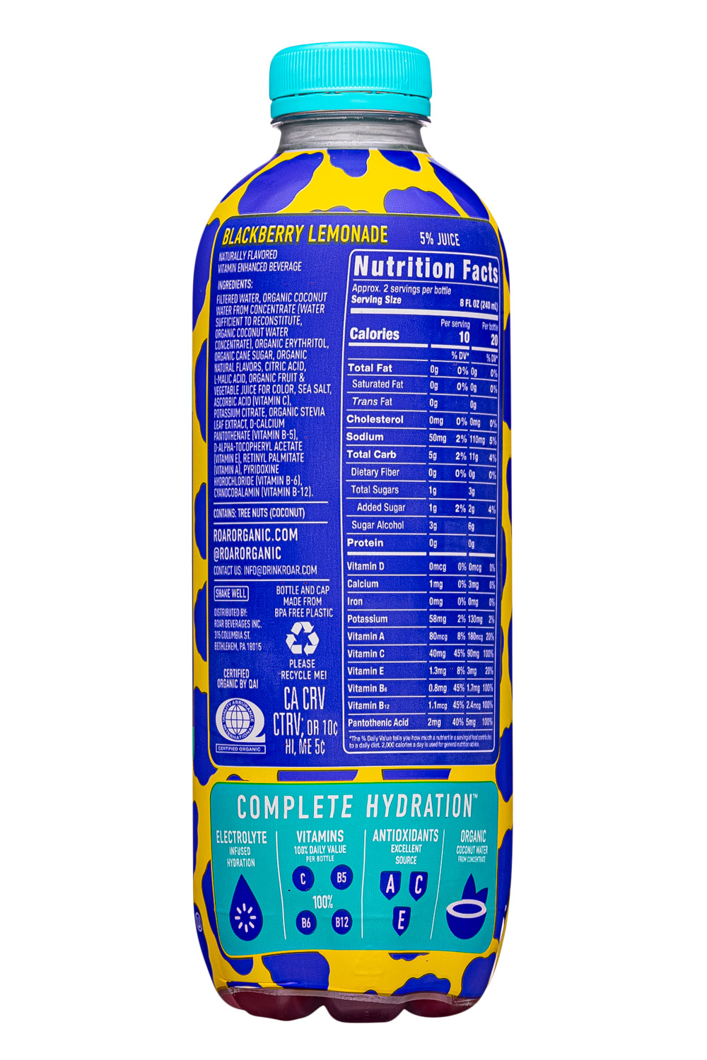 Roar: RoarOrganic-18oz-2024-Hydration-BlackberryLemonade-Facts