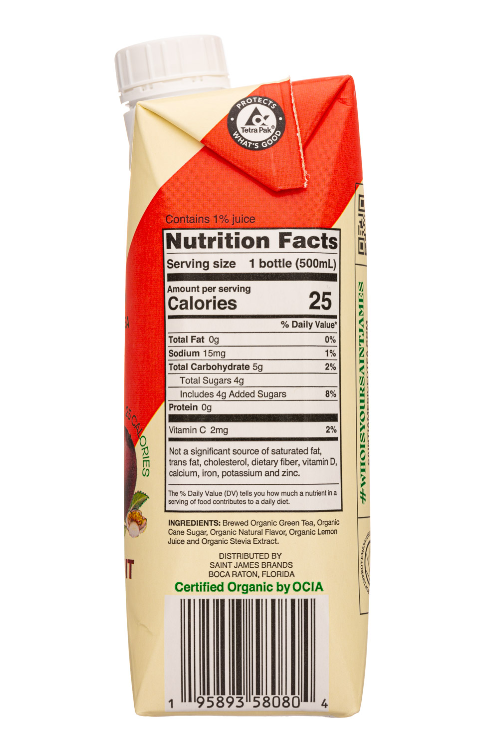 Saint James Iced Tea: SaintJames-17oz-2023-Tea-PassionPeach-Facts
