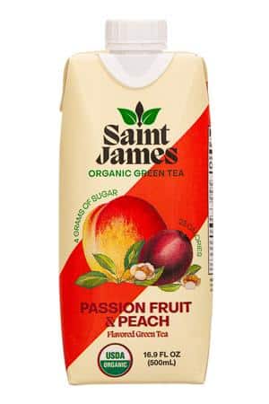 Saint James Iced Tea: SaintJames-17oz-2023-Tea-PassionPeach-Front