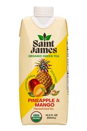 Saint James Iced Tea: SaintJames-17oz-2023-Tea-PineappleMango-Front
