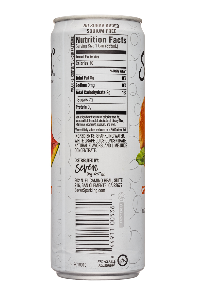 Seven Sparkling: SevenDegrees-12oz-SparklingWater-GrapefruitMelon-Facts