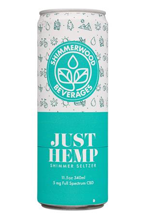 Shimmerwood Beverages: ShimmerwoodBeverages-12oz-2020-Seltz-JustHemp-Front