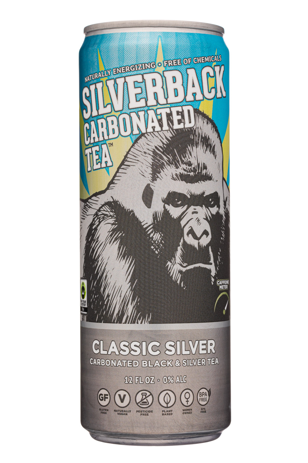Silverback Draft Tea: Silverback-12oz-CarbonatedTea-ClassicSilver-Front