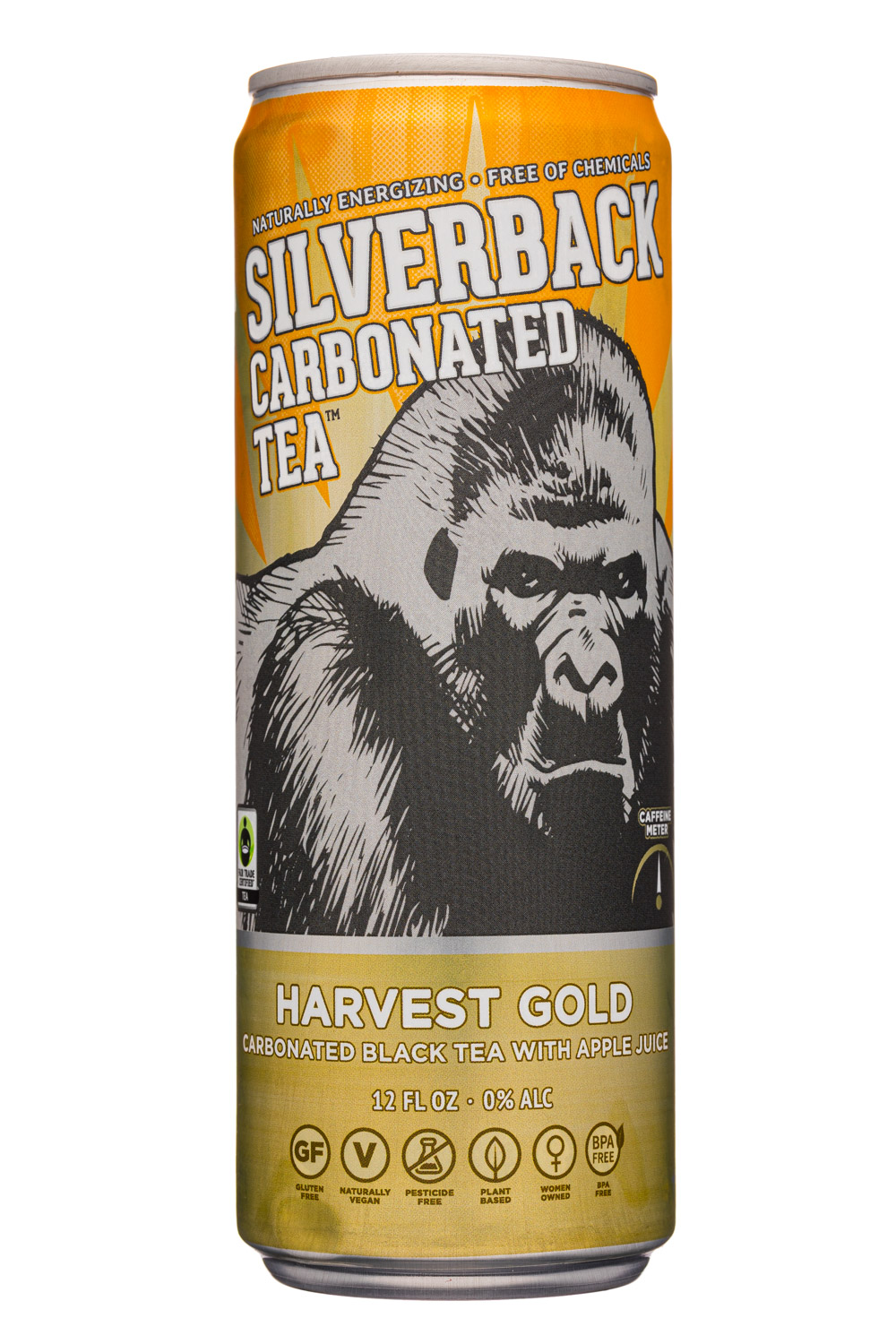 Silverback Draft Tea: Silverback-12oz-CarbonatedTea-HarvestGold-Front