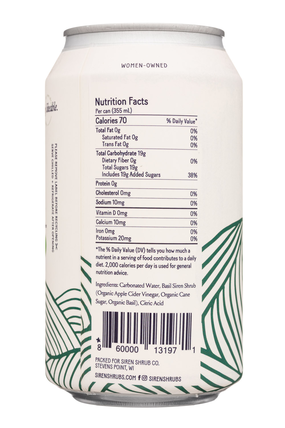 Siren Shrub Co.: SirenShrubCo-12oz-2023-SparklingShrub-Basil-Facts