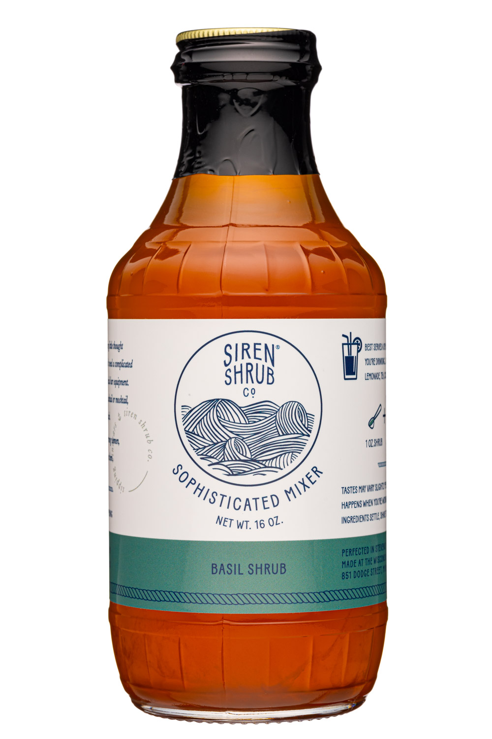 Siren Shrub Co.: SirenShrub-16oz-2022-SophisticatedMixer-BasiShrub-Front