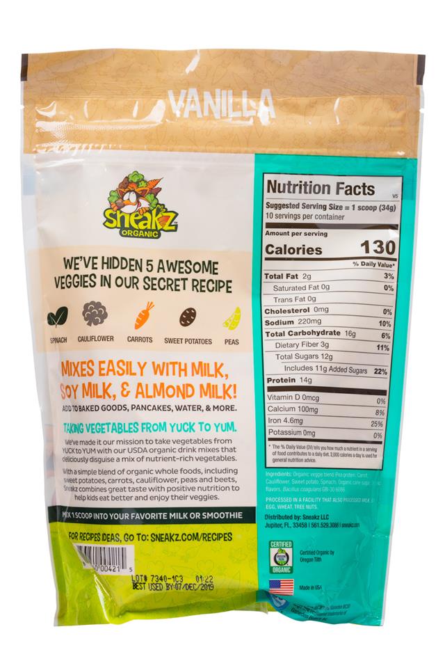 Sneakz Organic: Sneakz-12oz-ProteinPowder-Vanilla-Facts