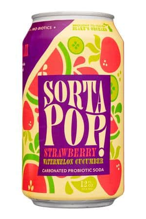 Sorta Pop: SortaPop-12oz-2023-ProbSoda-StrawbWaterCucumber-Front