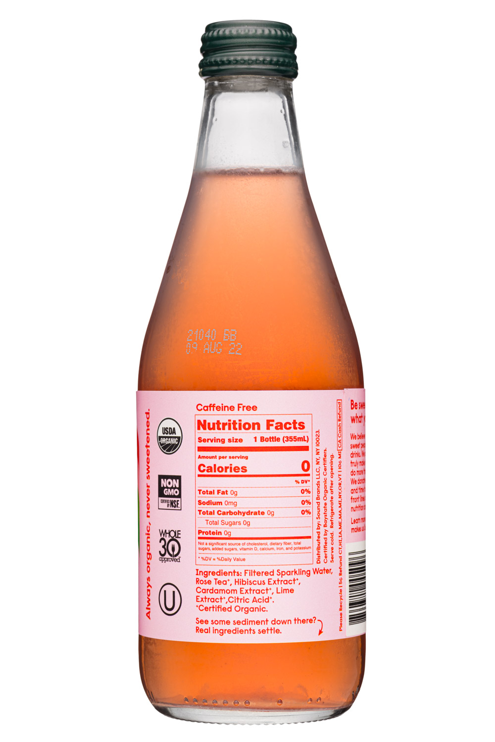 Sound Sparkling Tea: Sound-12oz-2021-Sparkling-RoseTea-LimeCard-Facts