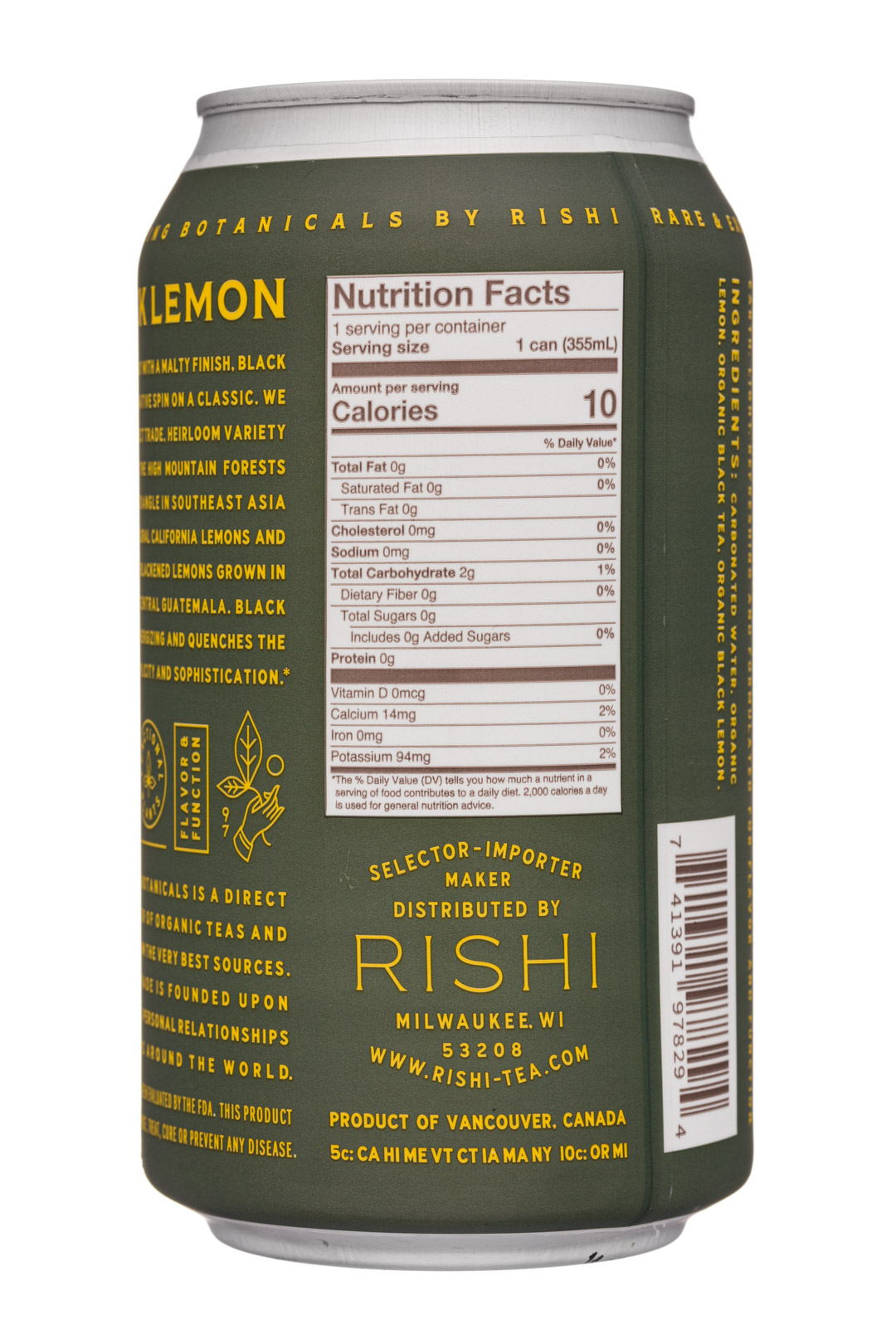 Rishi Tea & Botanicals: Rishi-12oz-2020-SparklingBotanicals-BlackLemon-Facts