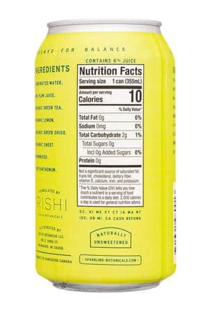 Rishi Tea & Botanicals: SparklingBotanicals-12oz-2022-UnsweetTea-GreenTeaTonic-Facts