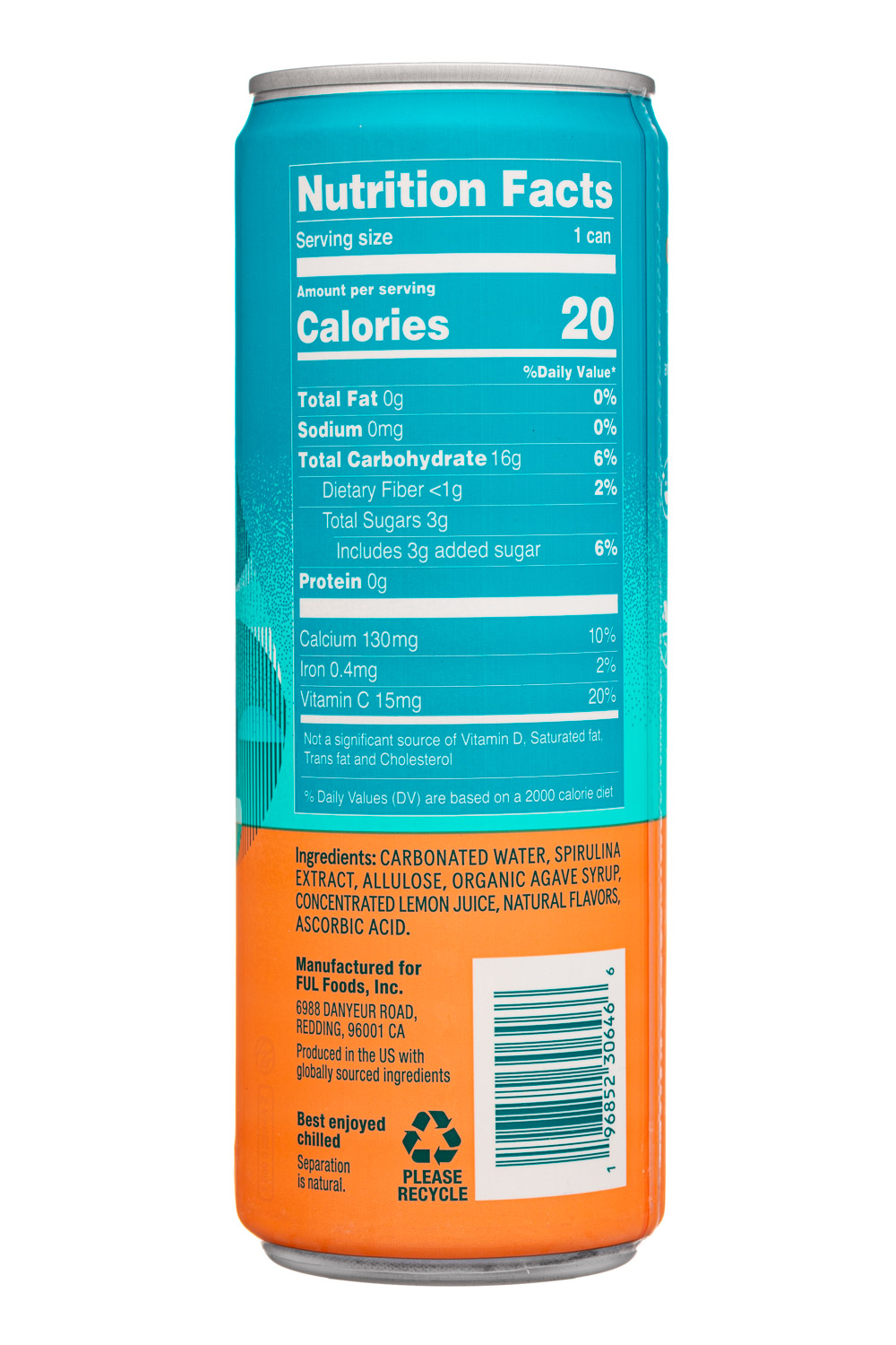 Spirulina Blu Water: BluWater-12oz-2024-Sparkling-WhitePeach-Facts