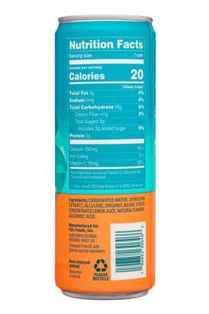 Spirulina Blu Water: BluWater-12oz-2024-Sparkling-WhitePeach-Facts