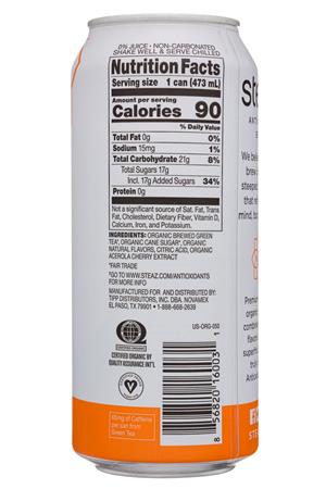 Steaz Antioxidant Brew: Steaz-16oz-2021-GreenTea-Peach-Facts