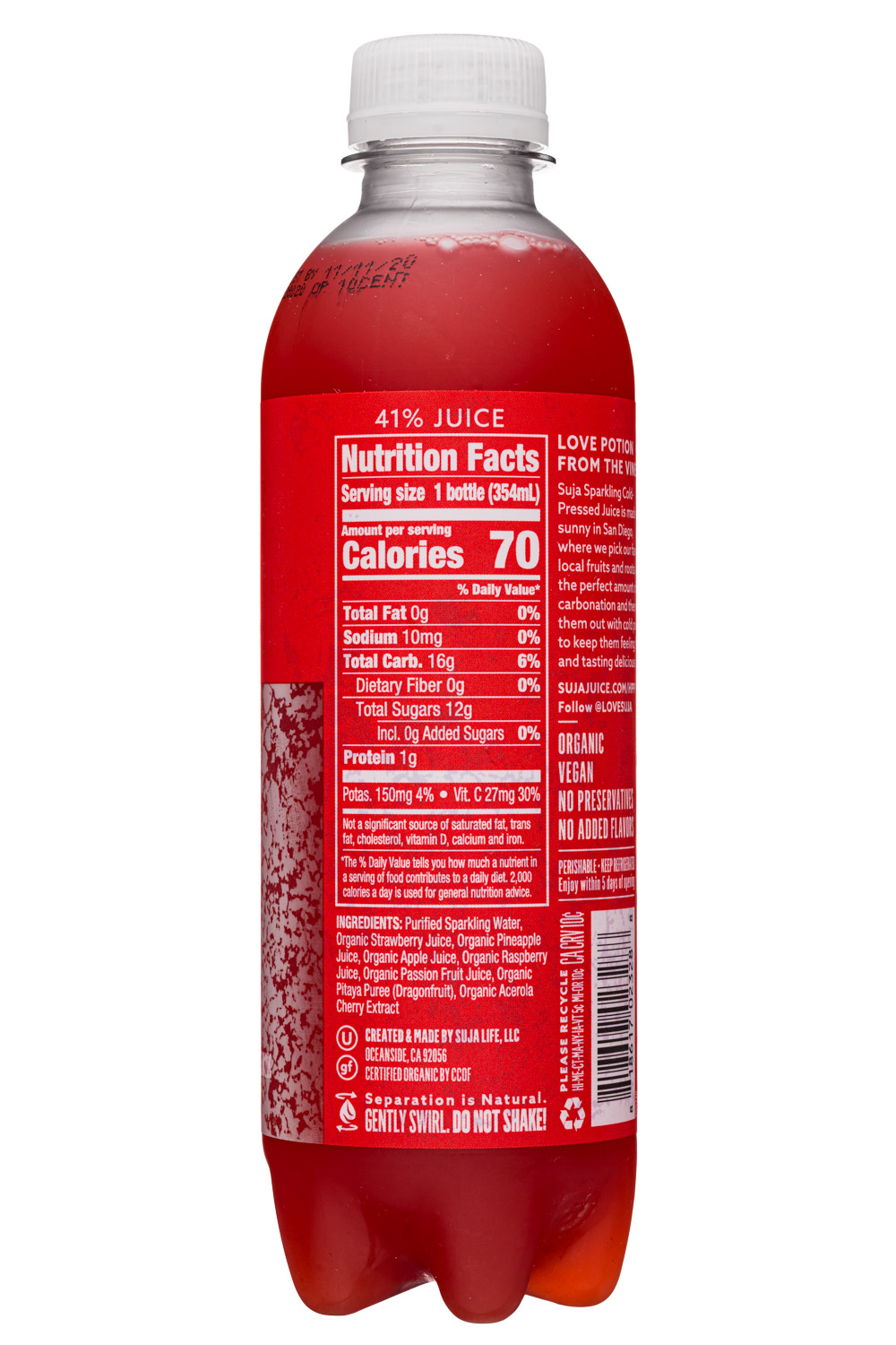 Suja Organic Elevated Nutrients: Suja-12oz-2020-SparklingJuice-StrawbPassion-Facts