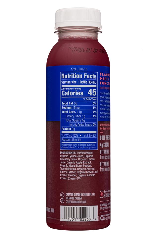 Suja Organic Elevated Nutrients: Suja-12oz-2020-HydratingBeauty-BluebLychee-Facts