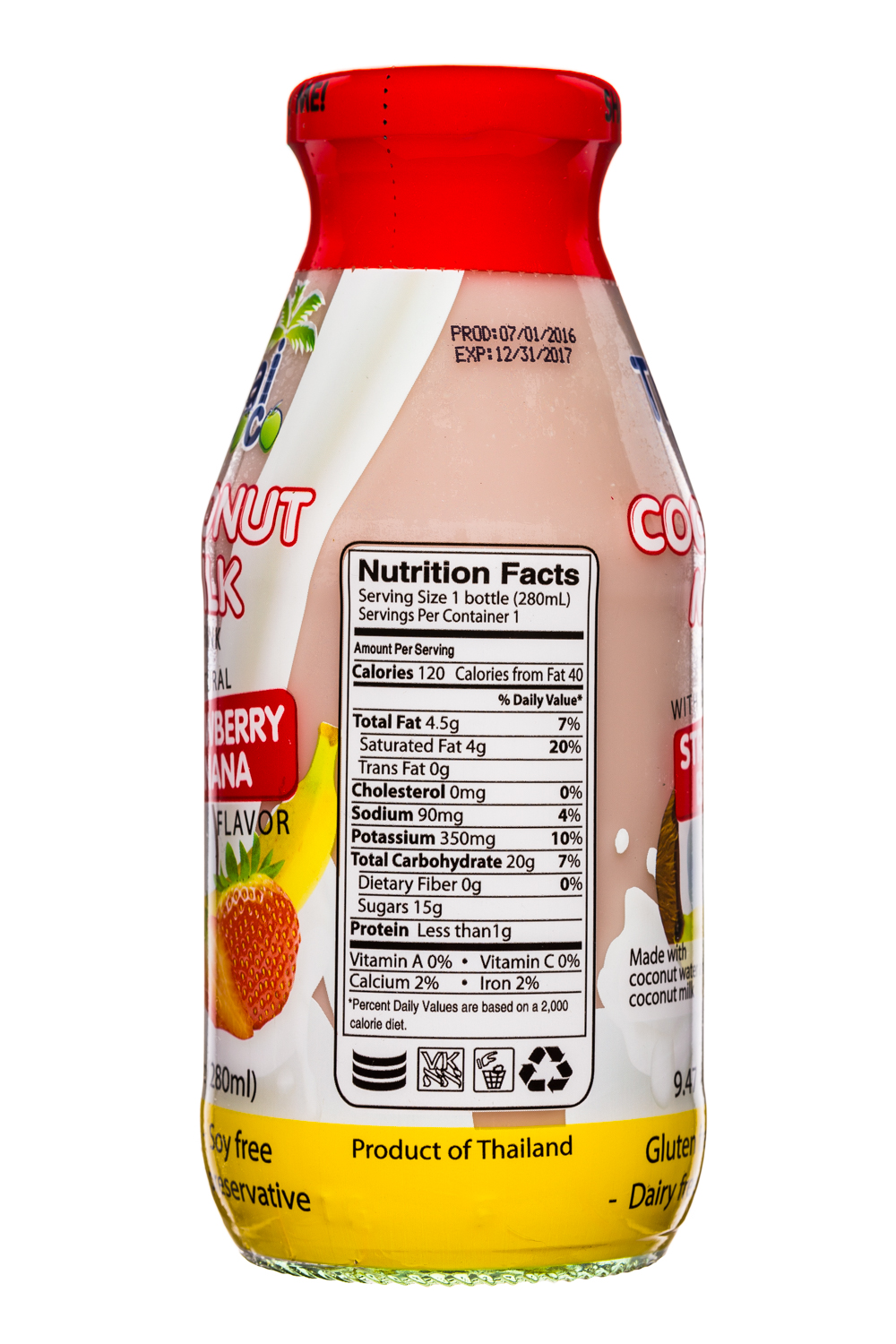 Thai Coco: ThaiCoco-CoconutMilk-9oz-StrawberryBanana-Facts