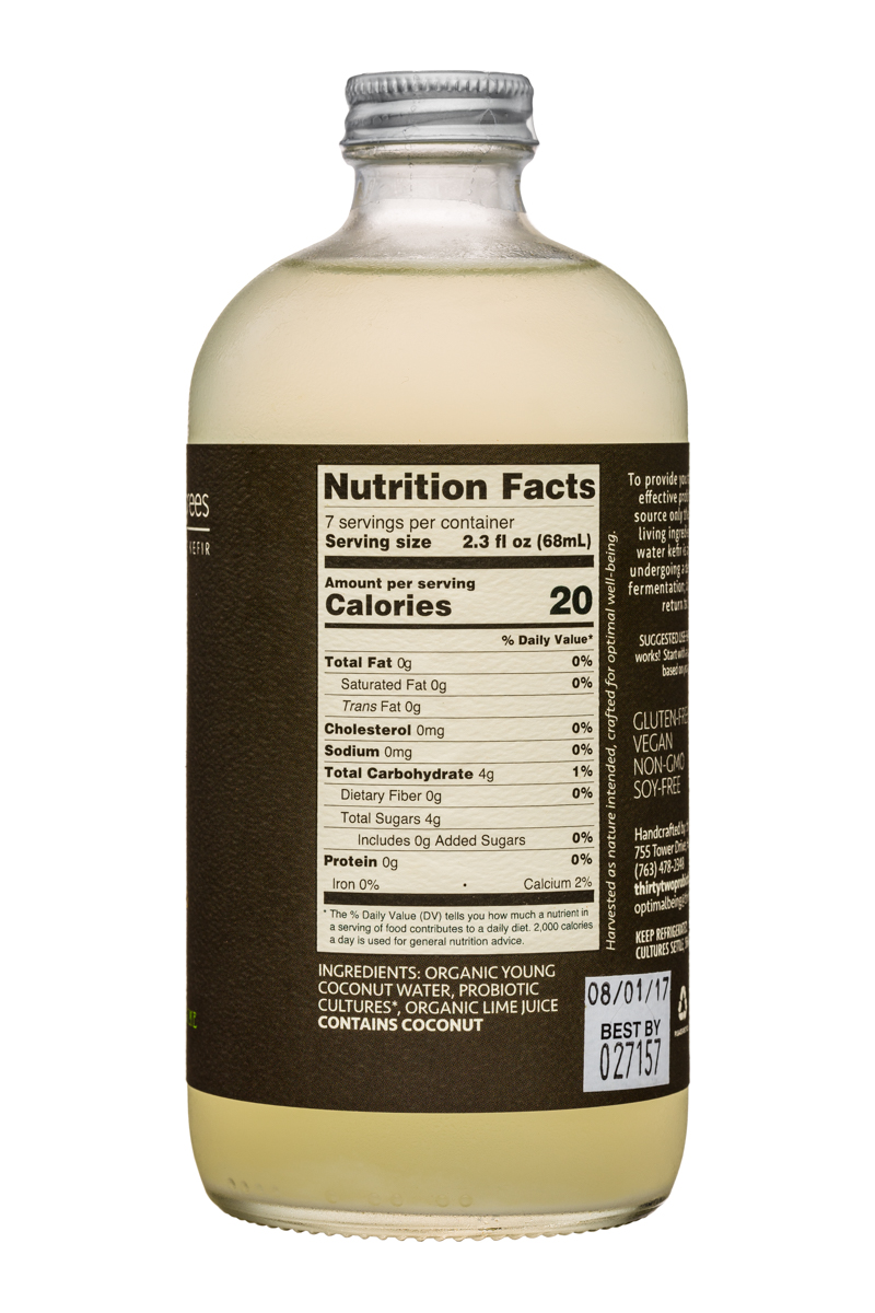 Thirty-Two Degrees: ThirtyTwoDegrees-16oz-CoconutWaterKefir-YoungLime-Facts