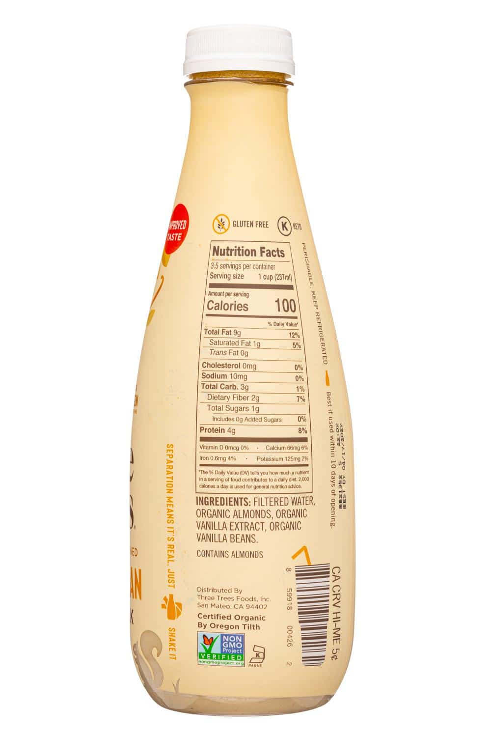 Three Trees Organics: ThreeTrees-28oz-2022-AlmondMilk-VanillaBean-Facts