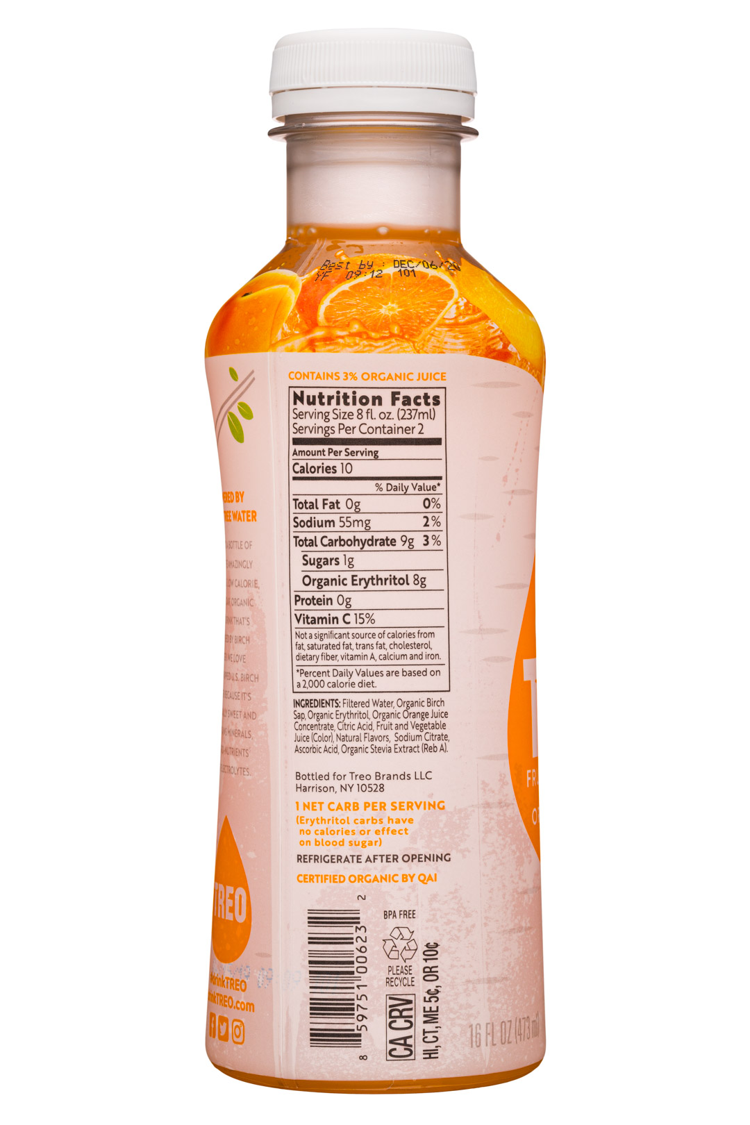 Treo Organic Birch Water Infusion: Treo-16oz-2019-FruitBirchWater-OrangeApricot-Facts