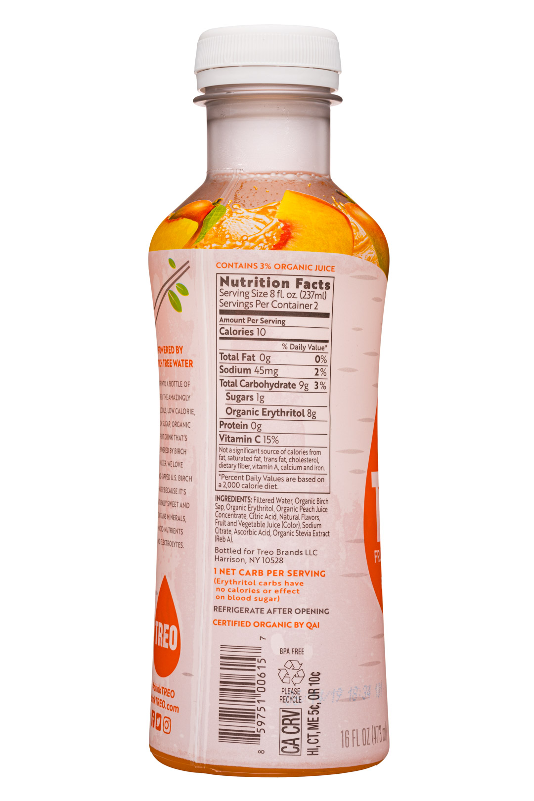 Treo Organic Birch Water Infusion: Treo-16oz-2019-FruitBirchWater-PeachMango-Facts