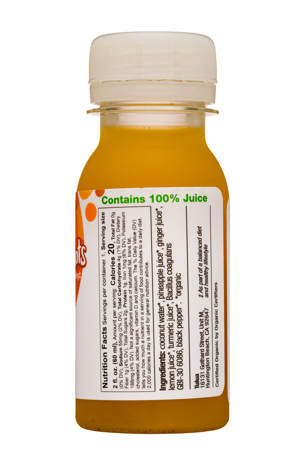 Tulua Shots: Tulua-2oz-2020-ProbioticShot-TurmericGinger-Facts