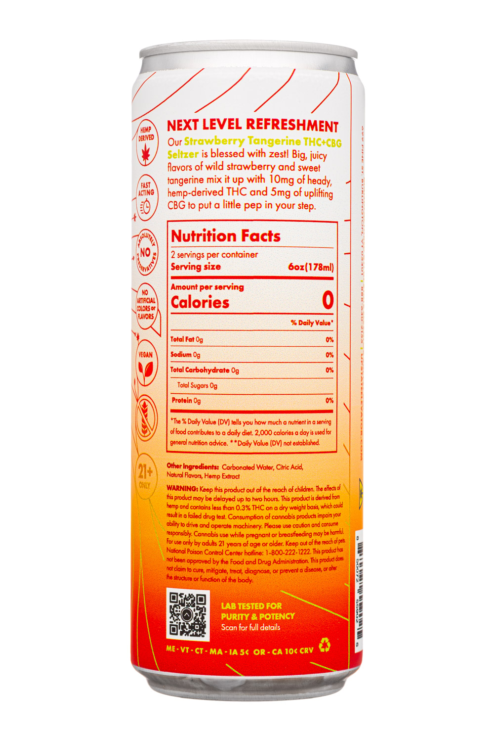 Upstate Elevator Supply Co.: UpstateElevatorSupplyCo-12oz-2025-THCSeltz-StrawbTangerine-Facts
