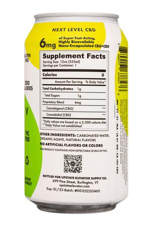 Upstate Elevator Supply Co.: UpstateElevatorSupply-12oz-2022-CBD-SparklingFruitWater-CarribeanGreenMango-Facts